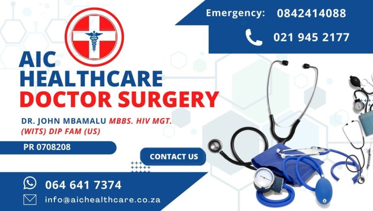 AIC Healthcare Doctor Surgery notice showing Dr John Mbamalu's credentials, practice number PR 0708208, and the practice's phone, WhatsApp and emergency numbers