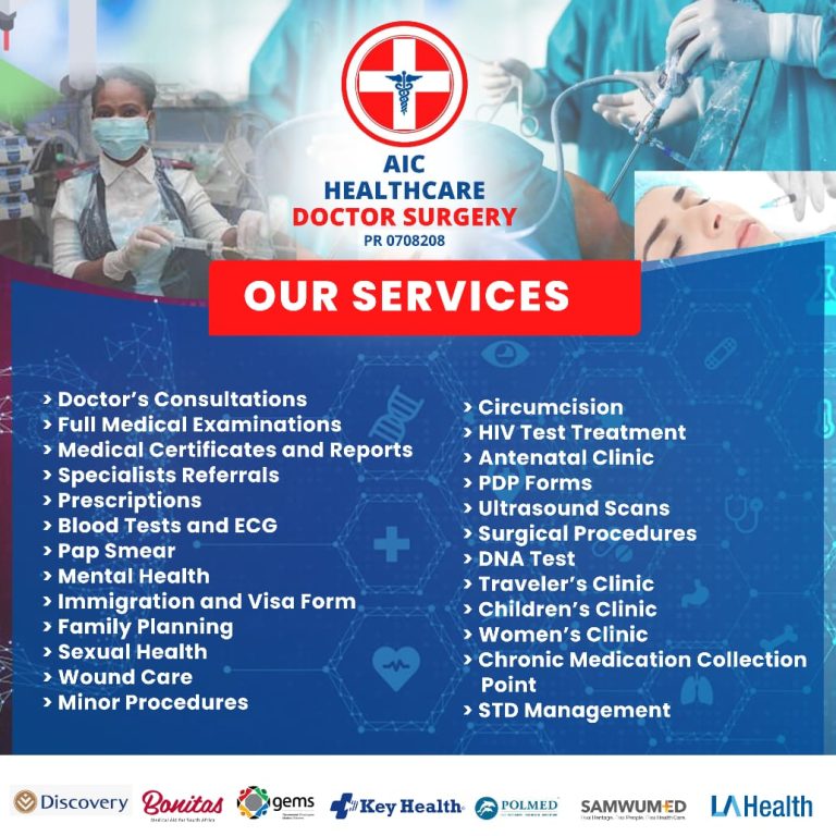 AIC Healthcare services notice listing consultations, medical examinations, blood tests, ECG, ultrasound, DNA testing, circumcision, antenatal and women's clinics, with the medical aids accepted